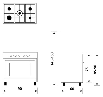 Glem AN965GI Alpha Cuisine cm. 90 x 60 - inox 5 fires - 1 four à gaz |  Vieffetrade
