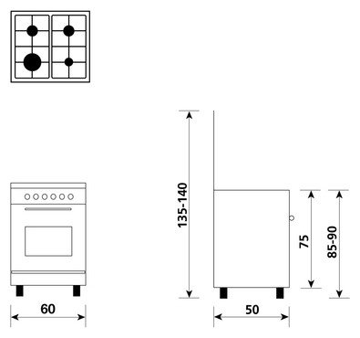 Glem A654MI6 Alpha Enfoque cocina cm. 60 x 50 - 4 quemadores de acero  inoxidable - 1 horno eléctrico | Vieffetrade