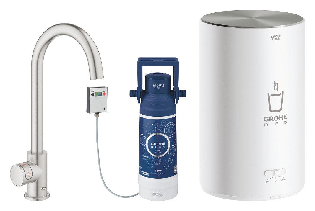 Grohe 30085DC1 Red Mono Hot filtered water kitchen mixer with tank (3  liters) - super steel | Vieffetrade