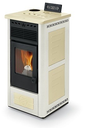 Phebo Stufe FEBE BIANCO AVORIO Airtight pellet stove upper smoke outlet 9kw  - white / ivory metal coating with majolica inserts | Vieffetrade