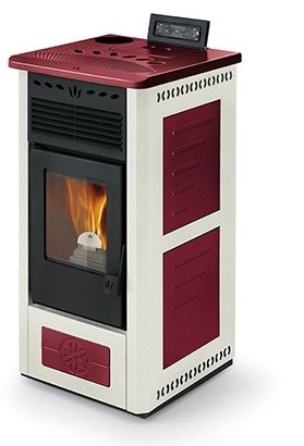 Phebo Stufe FEBE BIANCO ROSSA Airtight pellet stove upper smoke outlet 9kw  - white / red metal coating with majolica inserts | Vieffetrade