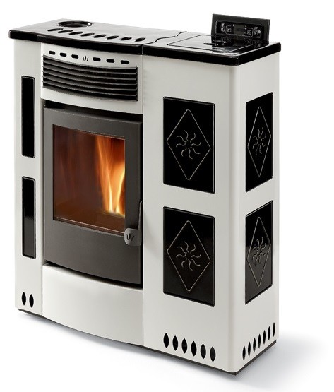 Phebo Stufe IRIS BIANCO NERA IRIS BANCO NERA Pellet stove with hot air  ducted upper smoke outlet 12 kw - white / black metal coating with majolica  inserts | Vieffetrade