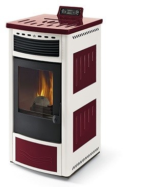 Phebo Stufe MAIA ROSSO BIANCA Pellet stove with hot air ducted rear smoke  outlet 13 kw - red / white metal coating with majolica inserts | Vieffetrade