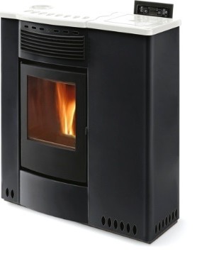 Phebo Stufe TALIA NERO BIANCA Pellet stove with hot air ducted upper smoke  outlet 12 kw - black / white metal coating with majolica inserts |  Vieffetrade